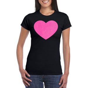 Verkleed T-shirt voor dames - hartje - zwart - roze glitter - carnaval/themafeest