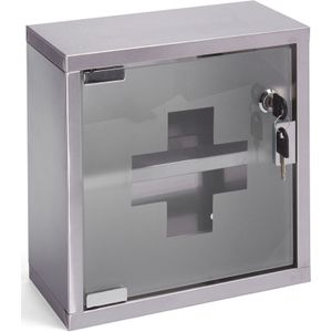 Medicijnenkastje/EHBO spullen - rvs met glas - 25 x 25 x 12 cm - met slotje