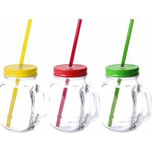 Set van 9x glazen drinkbekers dop/rietje 500 ml geel/groen/rood