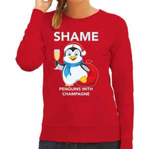 Pinguin Kerstsweater / outfit Shame penguins with champagne rood voor dames