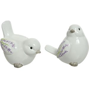 Set van 2x stuks decoratie dieren beelden vogels wit met lavendel bloemen 9 cm