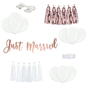 Trouwauto decoratie pakket Just Married - Bruiloft - rosegoud/wit