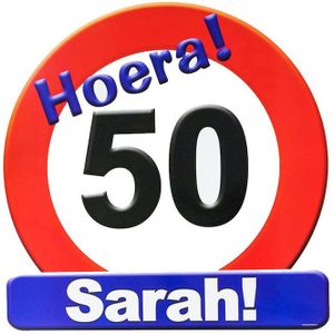 Huldeschild verjaardag stopbord Sarah 50 jaar feestversiering