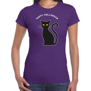 Halloween verkleed t-shirt voor dames - zwarte kat - paars - themafeest outfit