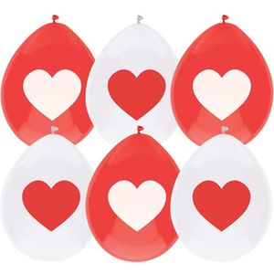 Ballonnen hartjes print Valentijn - rood/wit - 12x stuks - 29 cm