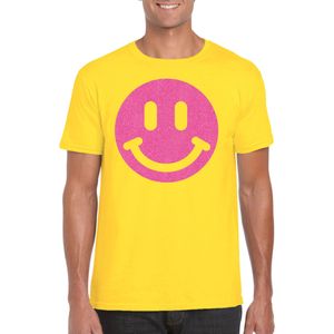 Verkleed T-shirt voor heren - smiley - geel - carnaval/foute party - feestkleding