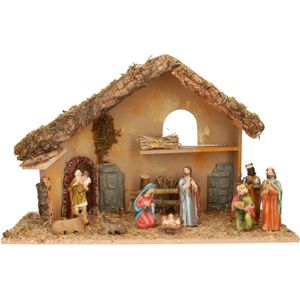 Complete kerststal met 9x st kerststal beelden - 50 x 23 x 31 cm - hout/polyresin
