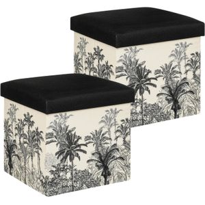 Poef/krukje/hocker Palmtrees - 2x - Opvouwbare zit opslag box -  creme wit/zwart - D39 x H39 cm