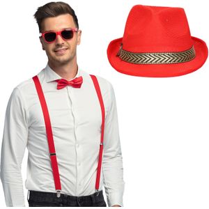 Carnaval verkleedset Funky - hoed/bretels/bril/strikje - rood - heren/dames - verkleedkleding