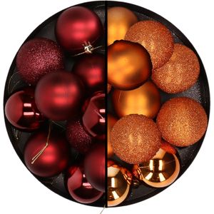24x stuks kunststof kerstballen mix van donkerrood en oranje 6 cm