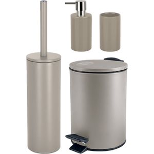 Badkamer accessoires set - WC-borstel/pedaalemmer/zeeppompje/beker - metaal/keramiek - beige