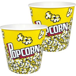 Popcorn bak - 2x - geel/wit - kunststof - D21 cm - 4.7 liter - herbruikbaar