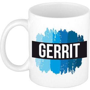 Naam cadeau mok / beker Gerrit met blauwe verfstrepen 300 ml