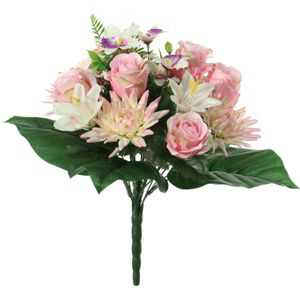 Louis Maes Kunstbloemen boeket roos/orchidee/chrysant - roze - H36 cm - Bloemstuk - Bladgroen