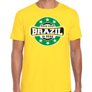 Have fear Brazil is here / Brazilie supporter t-shirt geel voor heren