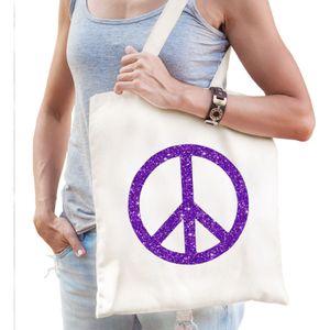 Flower Power katoenen tas met peace teken wit met paarse glitters voor volwassenen