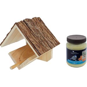 Vogelhuisje/voederhuisje/pindakaashuisje hout met dak van boomschors 16 cm inclusief vogelpindakaas