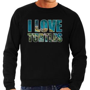 Tekst sweater I love turtles met dieren foto van een schildpad zwart voor heren