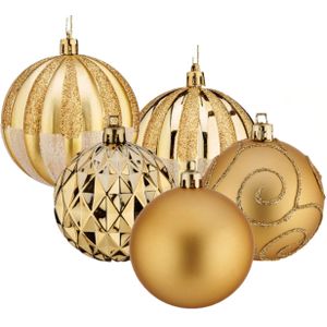 Gedecoreerde kerstballen - 12x stuks - goud - kunststof - 8 cm