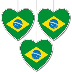 3x stuks brazilie vlag hangdecoratie hartjes vorm karton 14 cm