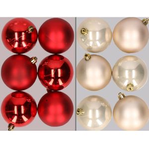 12x stuks kunststof kerstballen mix van rood en champagne 8 cm