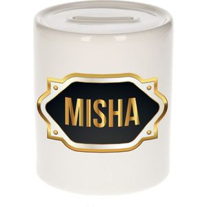 Naam cadeau spaarpot Misha met gouden embleem