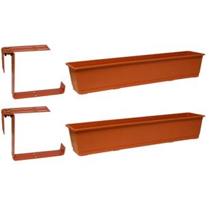 Set van 4 kunststof plantenbakken terracotta rechthoekig 80 cm met 8 verstelbare railing beugels