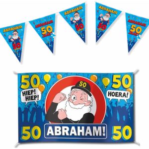 Set  van 1x Abraham/50 jaar gevelvlag 100 x 150 cm en 3x vlaggenlijnen 10 meter