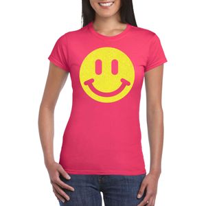 Verkleed T-shirt voor dames - smiley - roze - carnaval/foute party - feestkleding