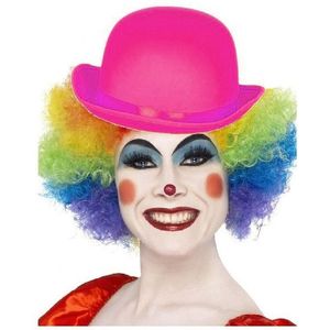 Clown verkleed set gekleurde pruik met bolhoed roze