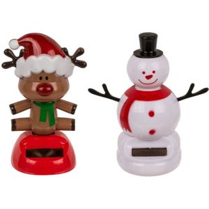 Out of the Blue - Solar bewegende kerst figuren - set 2x st - sneeuwpop en rendier- 10,5 cm