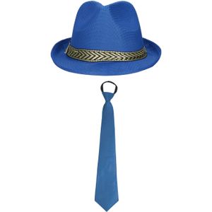 Carnaval verkleedset Blueman - hoed en stropdas - blauw - heren/dames - verkleedkleding