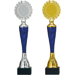 Luxe trofee/prijs - goud/blauw middenstuk incl. zilver blauw - metaal - 32 x 8 cm