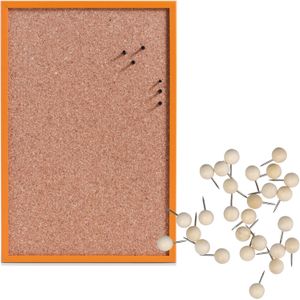 Prikbord incl. 25x punaises - 40 x 60 cm - hout - oranje - kurk