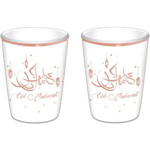 16x stuks Ramadan Mubarak thema bekertjes wit/rose goud 350 ml
