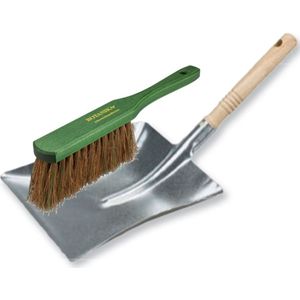 Stoffer en blik set voor buiten - zilver/groen - verzinkt metaal - hout met kokosharen