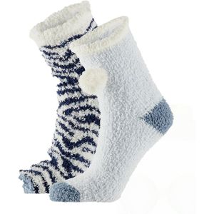 Dames bedsokken/huissokken 2-pack licht blauw/zebra print one size