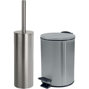 Spirella Badkamer/toilet accessoires set - WC-borstel en pedaalemmer 3L - metaal - zilver