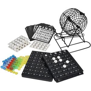 Bingo spel zwart/wit complete set 21 cm nummers 1-90 met molen, 140x bingokaarten en 2x stiften