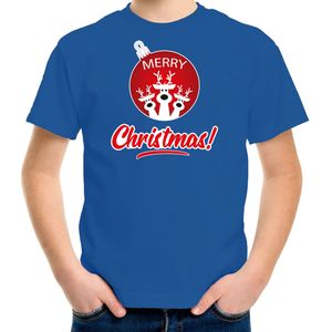 Rendier Kerstbal shirt / Kerst t-shirt Merry Christmas blauw voor kinderen