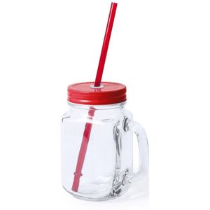 1x stuks Glazen Mason Jar drinkbekers rode dop en rietje 500 ml