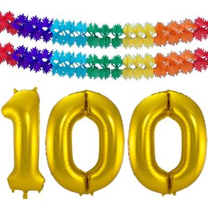 Grote folie ballonnen cijfer 100 in het goud 86 cm en 2x feestslingers