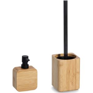 WC/toiletborstel in houder met zeeppompje - bamboe hout - luxe kwaliteit