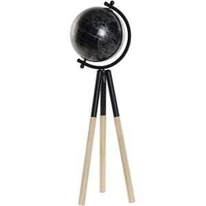 Decoratie wereldbol/globe zwart metaal op houten voet 18 x 60 cm
