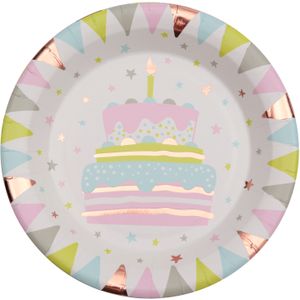 Feest wegwerpbordjes - verjaardagstaart - 10x stuks - 23 cm - rose goud