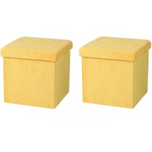Poef/hocker - 2x - opbergbox zit krukje - velvet geel - polyester/mdf - 38 x 38 cm - opvouwbaar
