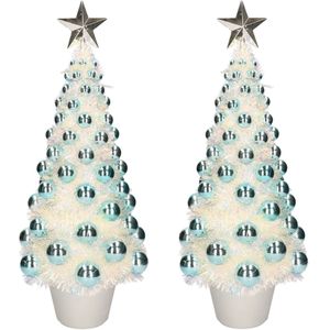 2x stuks complete mini kunst kerstbomen / kunstbomen blauw met lichtjes 50 cm