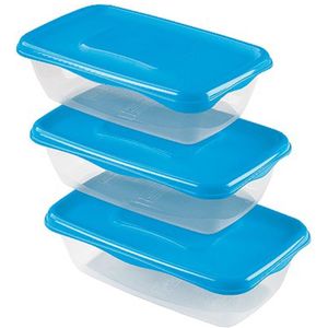 Vershoudbakjes Hega - set van 3x stuks - 0.9 liter - transparant/blauw - L20 x B12 x H8 cm