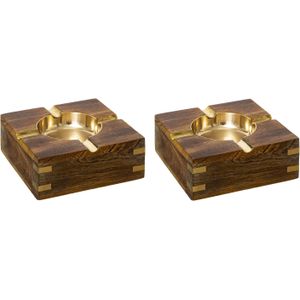 Set van 2x stuks terras asbakken vierkant metaal/hout 10 x 4 cm goud