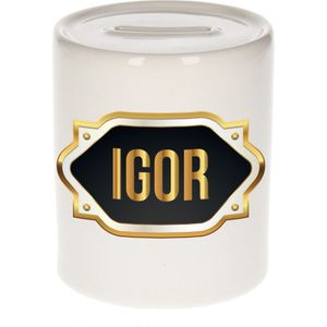 Naam cadeau spaarpot Igor met gouden embleem